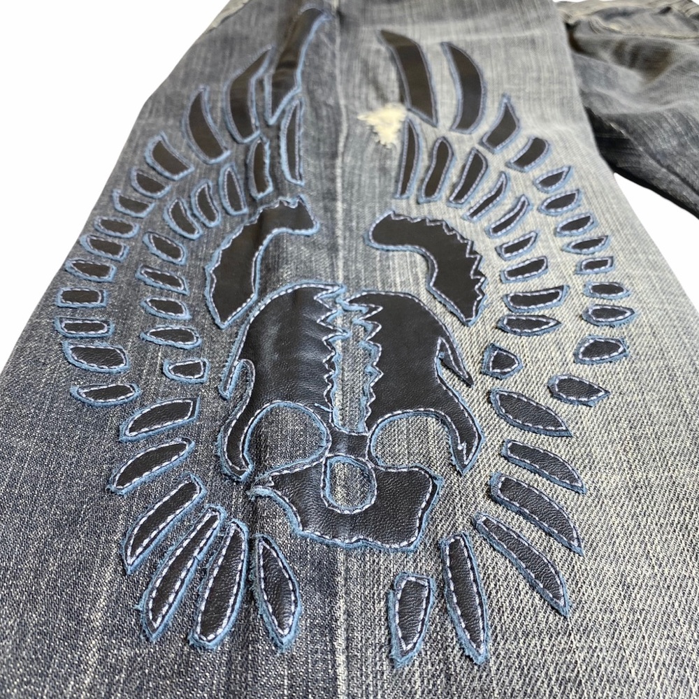 HTF: 7 For All Mankind® x Great China Wall ☻︎ Leather Skull Patch Standard Jeans - Picture 4 of 16